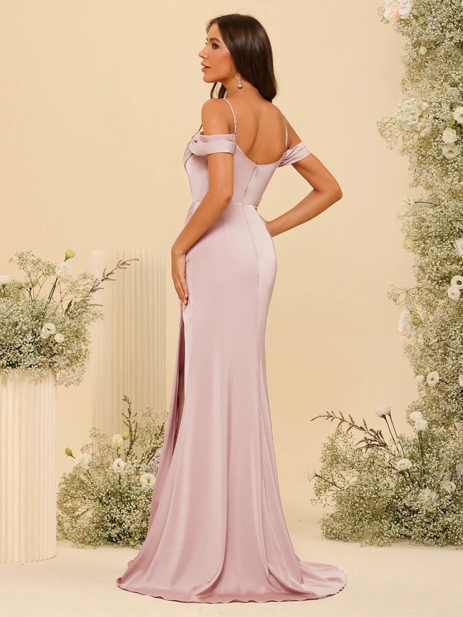 Sheath/Column Off-the-Shoulder Spaghetti Straps Long Formal Dresses with Split Side