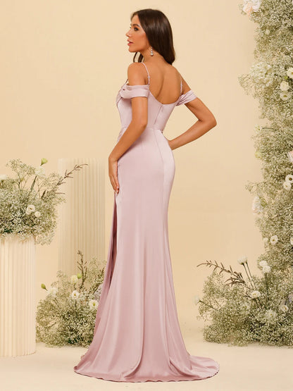 Sheath/Column Off-the-Shoulder Spaghetti Straps Long Formal Dresses with Split Side