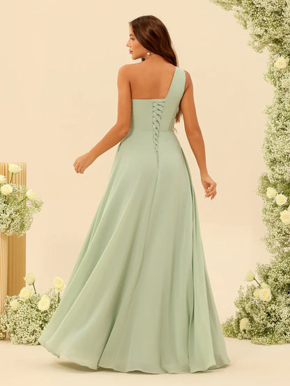 A-Line/Princess One-Shoulder Long Bridemaid Dresses with Split Side