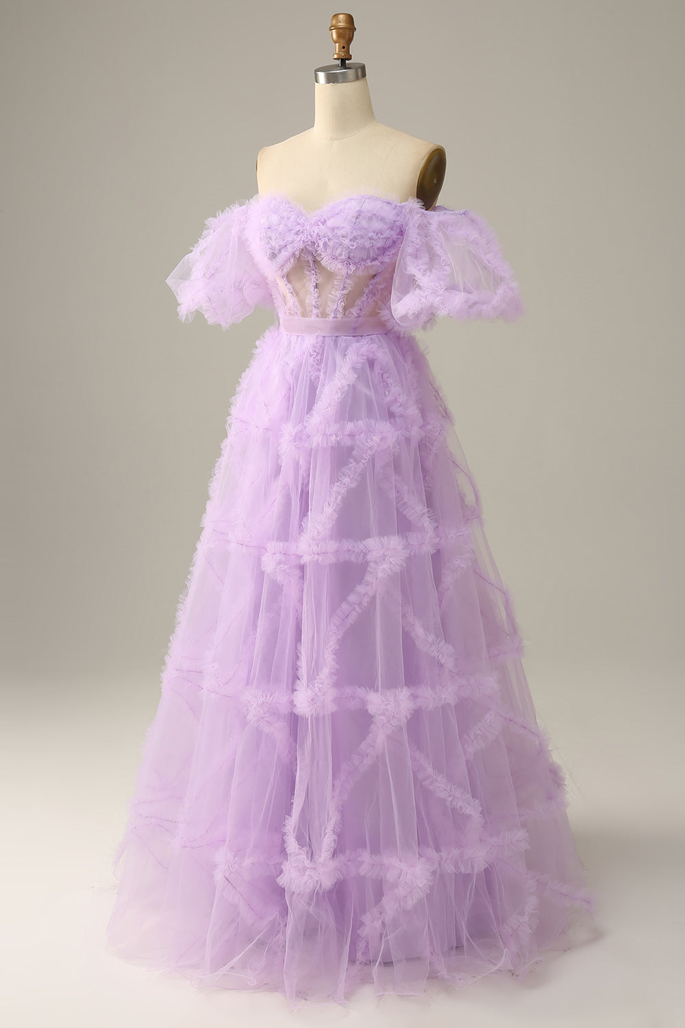 Lavender Off-the-Shoulder Puff Sleeves Ruffles A-line Long Prom Dress