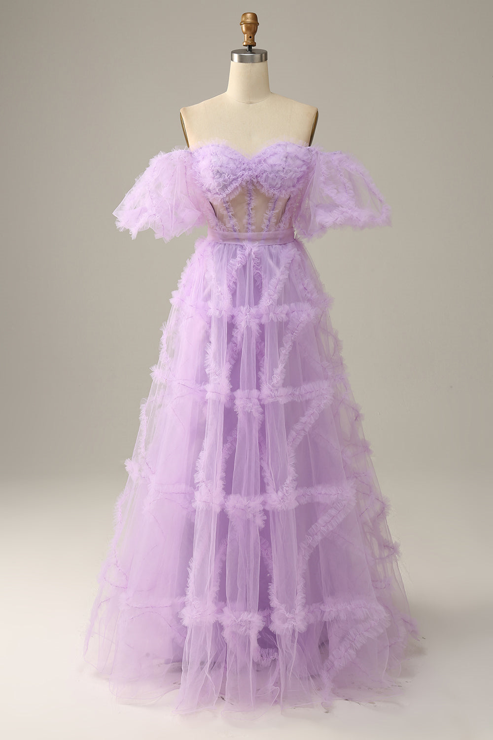 Lavender Off-the-Shoulder Puff Sleeves Ruffles A-line Long Prom Dress