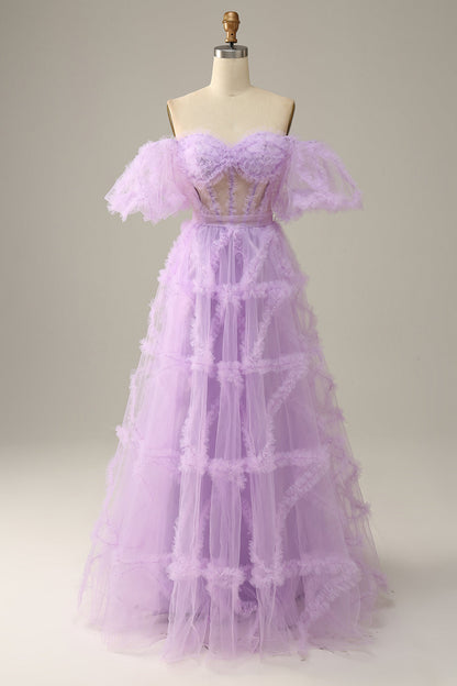 Lavender Off-the-Shoulder Puff Sleeves Ruffles A-line Long Prom Dress