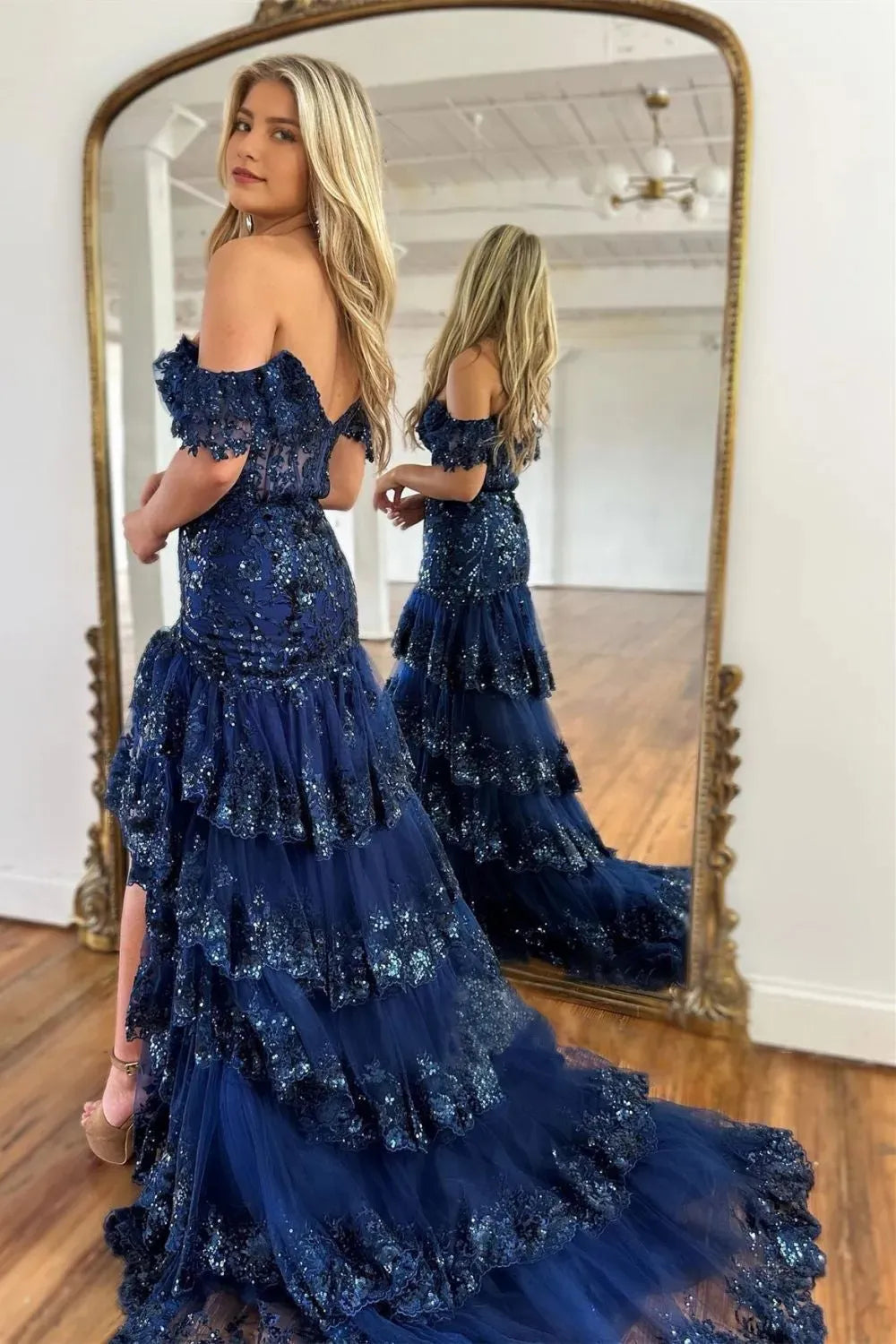 Stunning Mermaid Off the Shoulder Navy Corset Prom Dress with Lace Ruffles