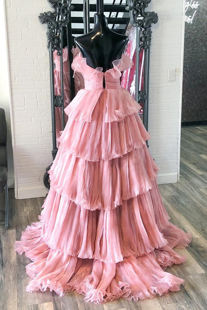 Black Strapless Ruffled Layers Tulle Long Prom Dress