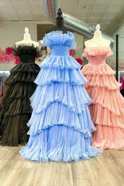 Black Strapless Ruffled Layers Tulle Long Prom Dress