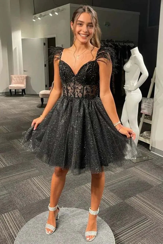 A Line Black Sparkly Tulle Homecoming Dress