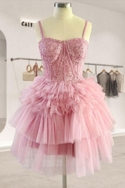 Blush Appliques Tiered Ruffle Short Homecoming Dress