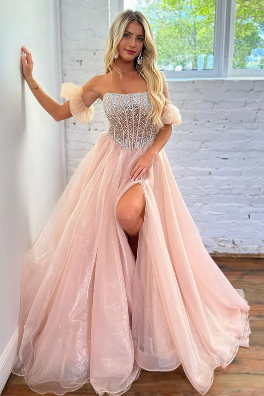 Cute A-Line Strapless Long Tulle Prom Dress With Split And Beading