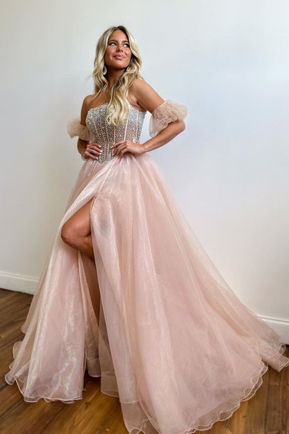 Cute A-Line Strapless Long Tulle Prom Dress With Split And Beading