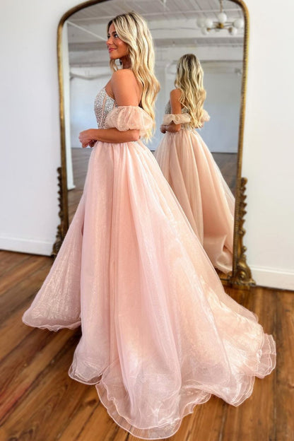 Cute A-Line Strapless Long Tulle Prom Dress With Split And Beading