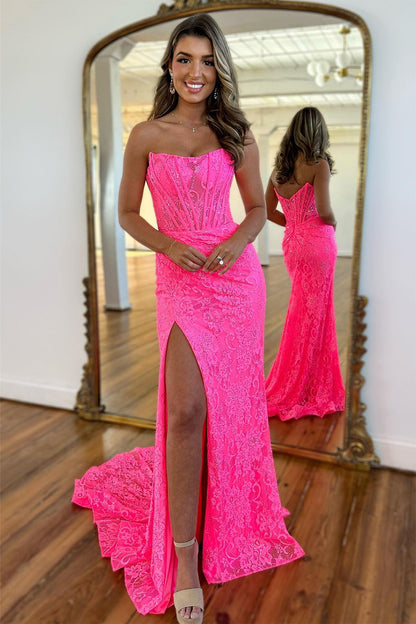 Gorgeous Mermaid Strapless Sweep Train Glitter Prom Dress With Slit