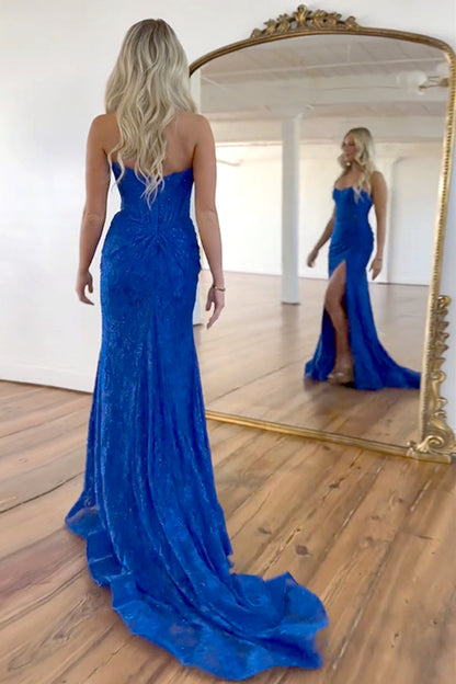 Gorgeous Mermaid Strapless Sweep Train Glitter Prom Dress With Slit