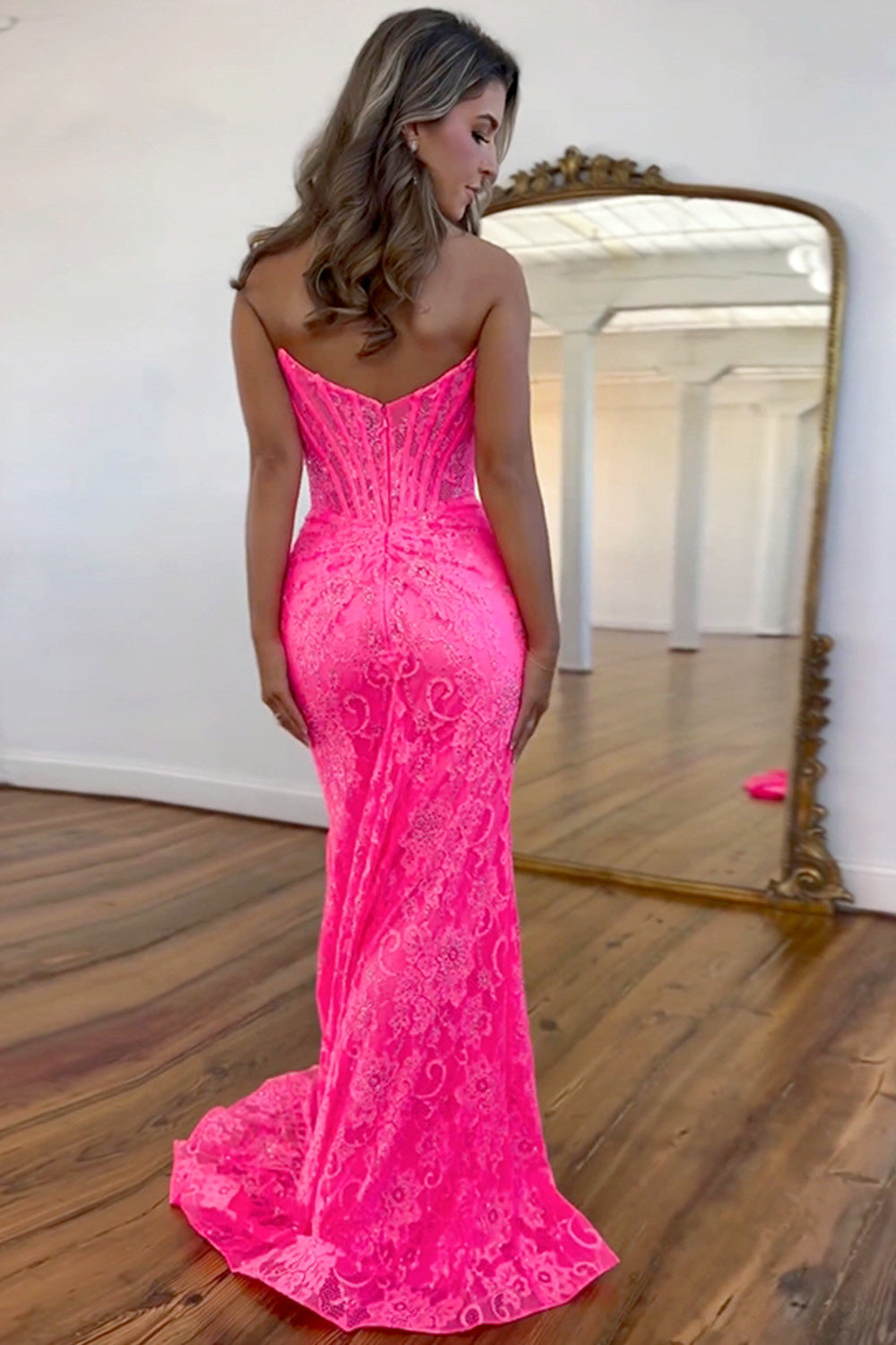 Gorgeous Mermaid Strapless Sweep Train Glitter Prom Dress With Slit