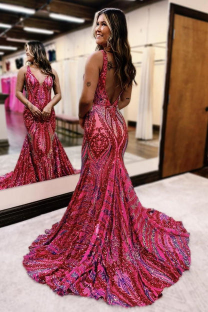 Gorgeous Sparkly Mermaid V-Neck Long Prom Dress With Sequins