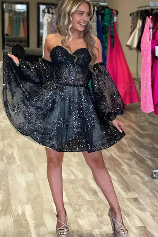 Black Sequin Lace A-line Sweetheart Removable Sleeves Homecoming Dress