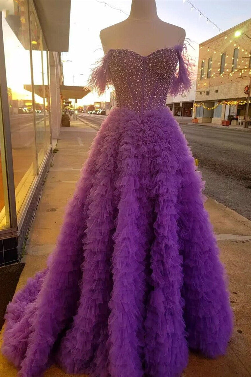 Pink Off-the-Shoulder Feathers Beaded A-line Ruffles Long Prom Dress with Slit