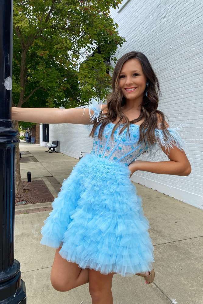 Light Blue Glitter V-neck Short Tulle Homecoming Dress