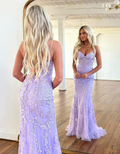 Lilac Mermaid Corset Back Prom Dress With Appliques