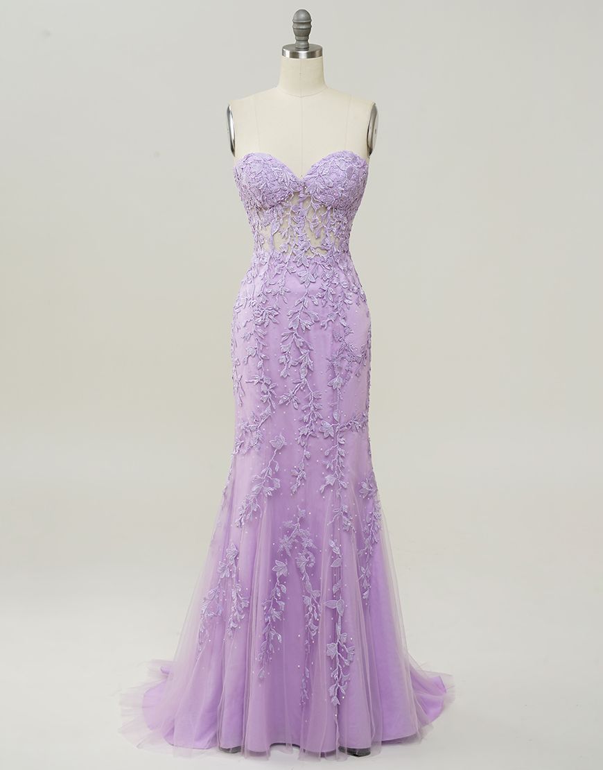 Lilac Mermaid Corset Back Prom Dress With Appliques