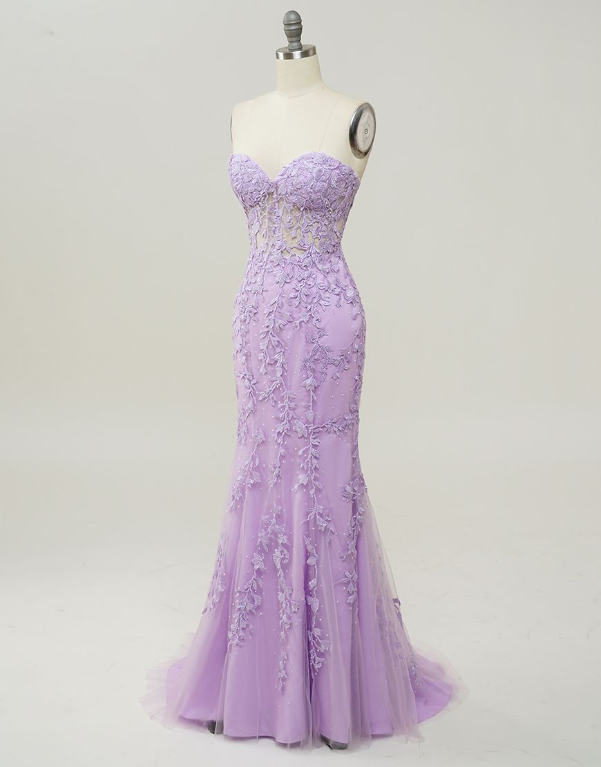 Lilac Mermaid Corset Back Prom Dress With Appliques