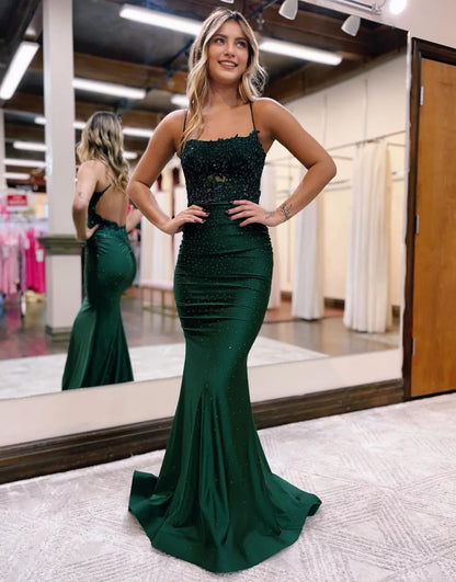 Mermaid Elastic Satin Spaghetti Straps Prom Dress