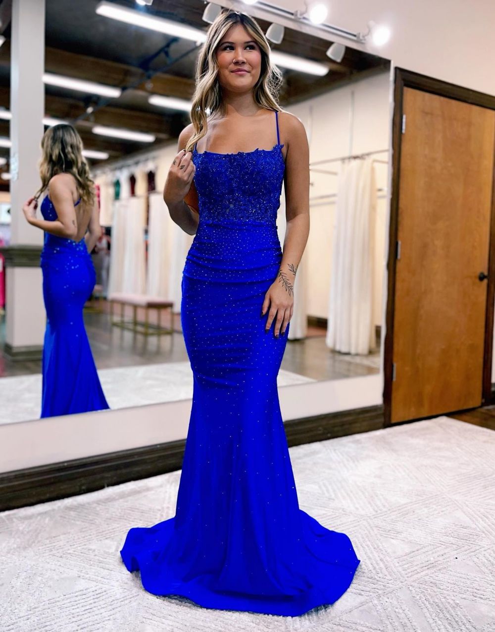 Mermaid Elastic Satin Spaghetti Straps Prom Dress