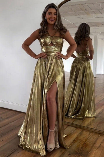 Stylish Gold A-Line Halter Neck Long Prom Dress With Split