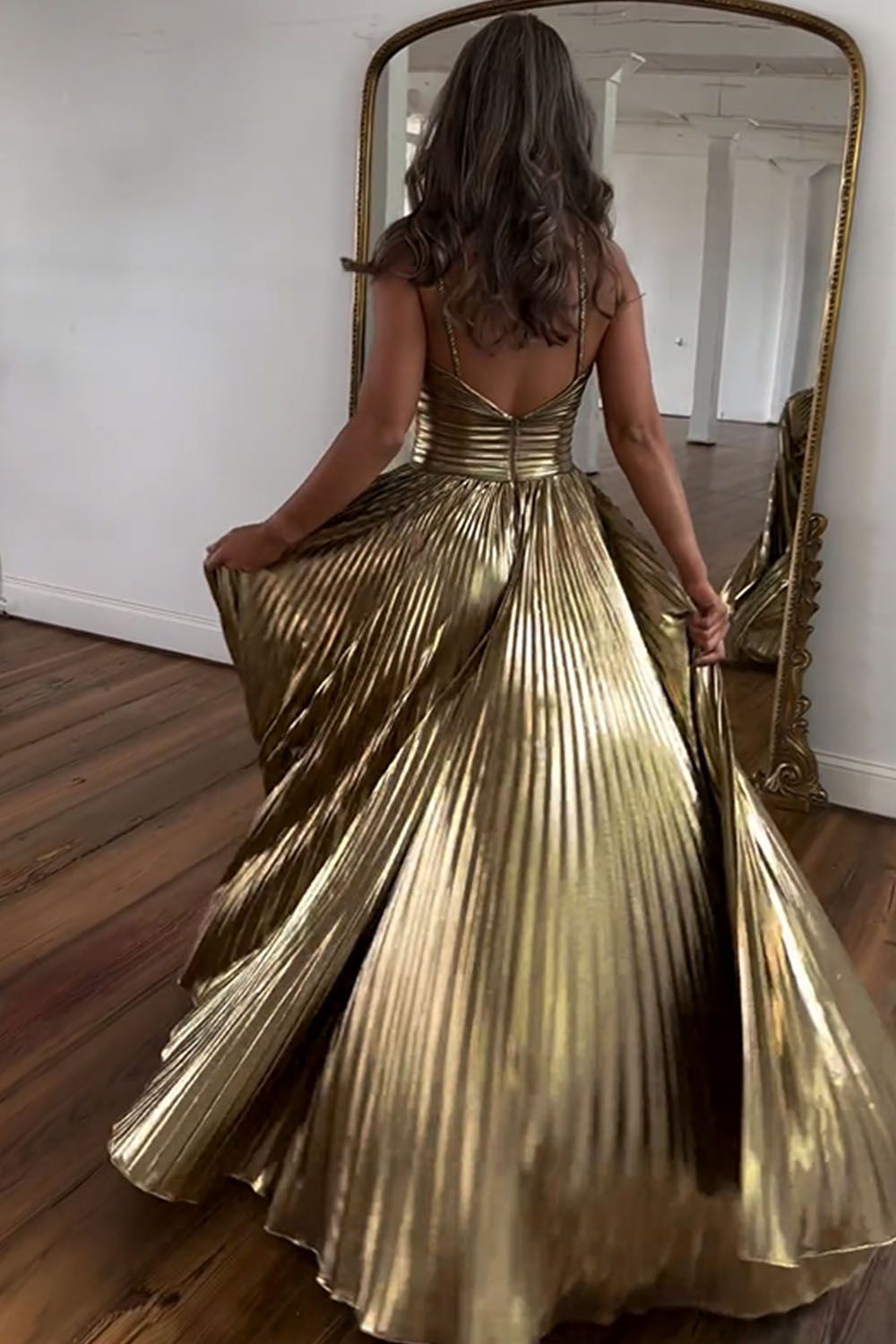 Stylish Gold A-Line Halter Neck Long Prom Dress With Split