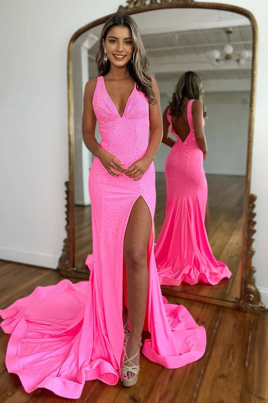 Pink Mermaid V-Neck Zipper Back Long Beaded Prom Dress With Split