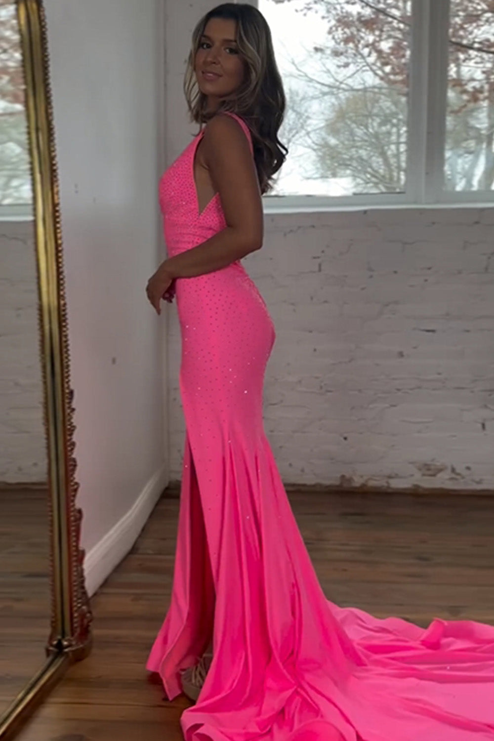 Pink Mermaid V-Neck Zipper Back Long Beaded Prom Dress With Split