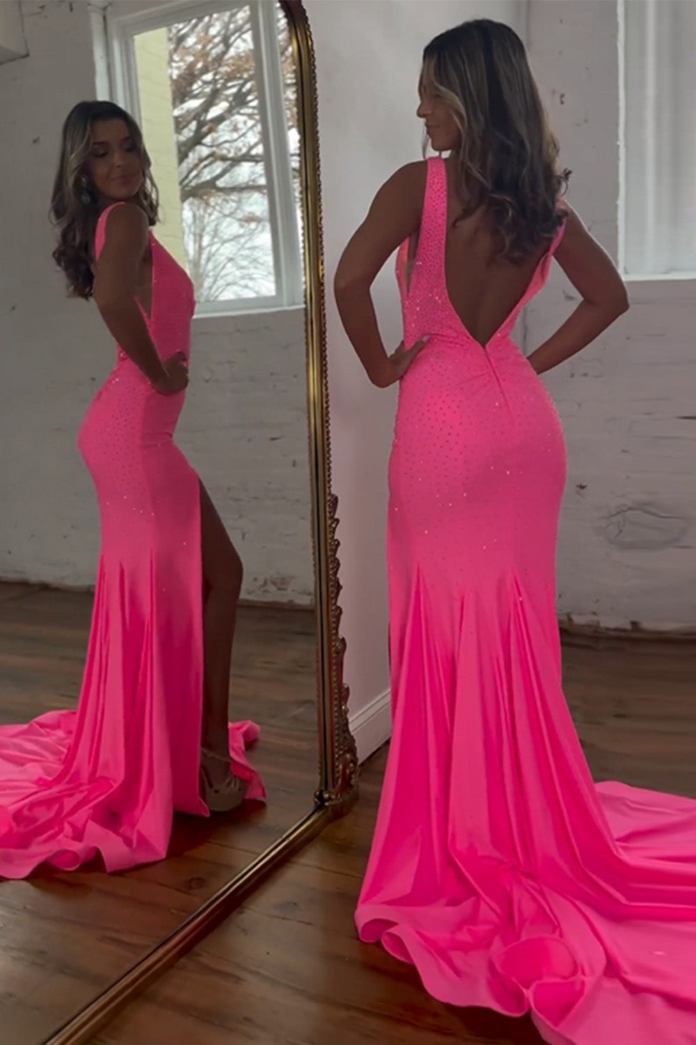 Pink Mermaid V-Neck Zipper Back Long Beaded Prom Dress With Split