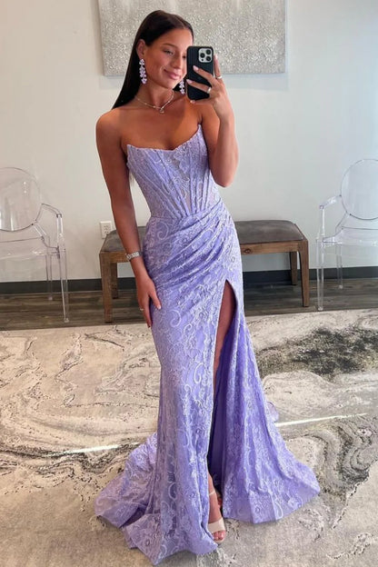 Gorgeous Mermaid Strapless Sweep Train Glitter Prom Dress With Slit