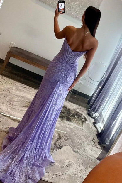 Gorgeous Mermaid Strapless Sweep Train Glitter Prom Dress With Slit