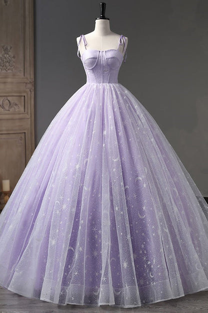 Lilac Bow Tie Shoulder Prints Long Prom Dress