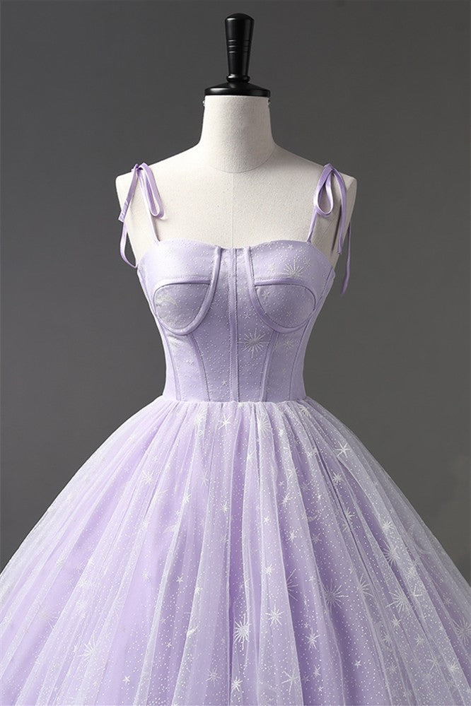 Lilac Bow Tie Shoulder Prints Long Prom Dress