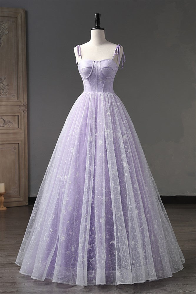 Lilac Bow Tie Shoulder Prints Long Prom Dress