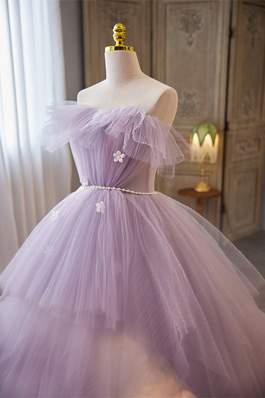 Lavender Ruffled Strapless Floral Applique Long Prom Dress with Pearl Sash