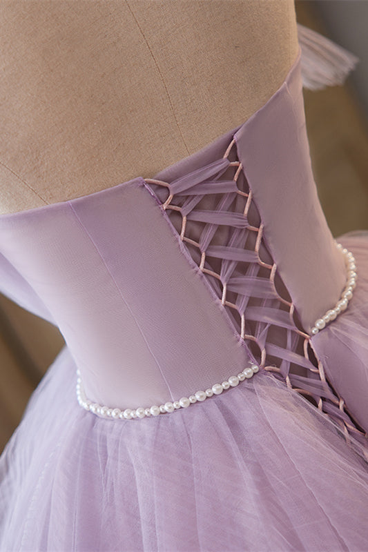 Lavender Ruffled Strapless Floral Applique Long Prom Dress with Pearl Sash