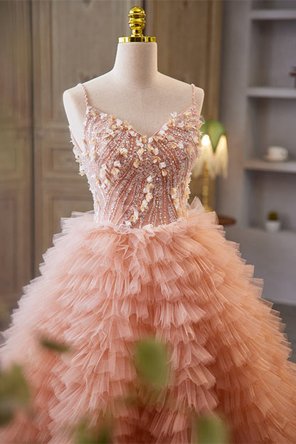 Orangepink Sequined A-line Multi-Layers Slip Long Prom Dress