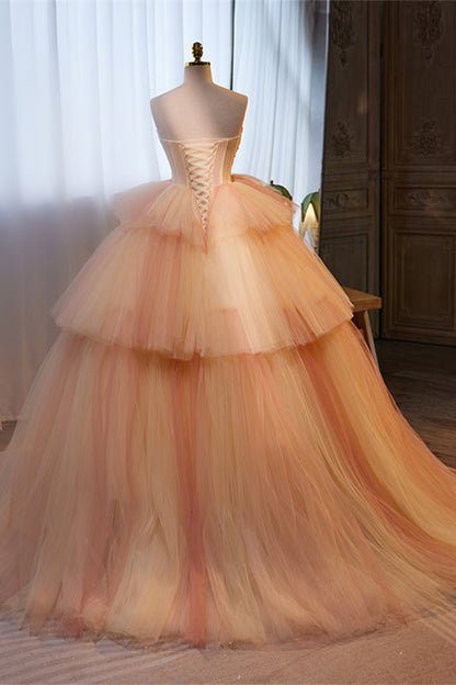 Light Orange Strapless A-line Multi-Layers Long Prom Dress