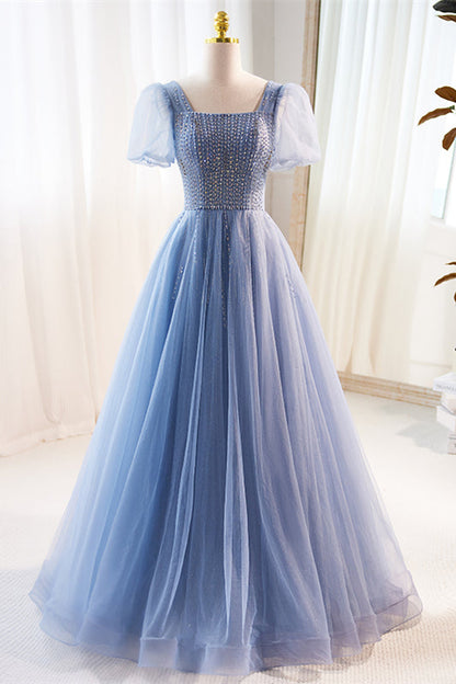 Blue Beaded Puff Sleeves A-line Tulle Long Prom Dress