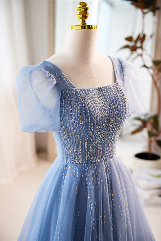 Blue Beaded Puff Sleeves A-line Tulle Long Prom Dress