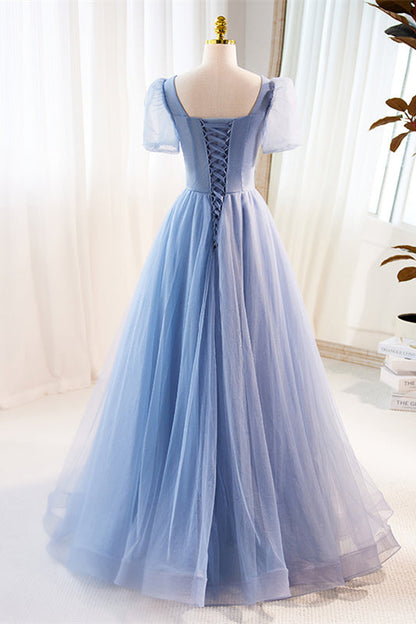 Blue Beaded Puff Sleeves A-line Tulle Long Prom Dress