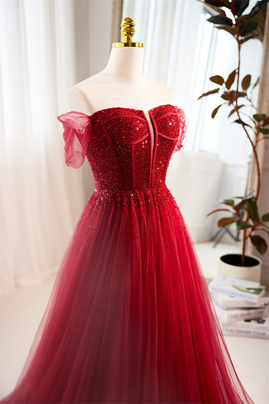 Red Off-Shoulder Beaded A-line Tulle Long Prom Dress