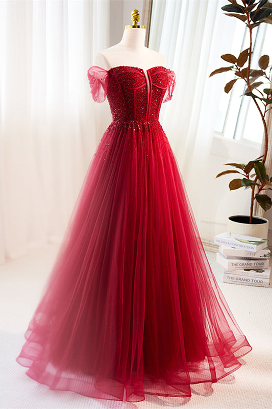 Red Off-Shoulder Beaded A-line Tulle Long Prom Dress