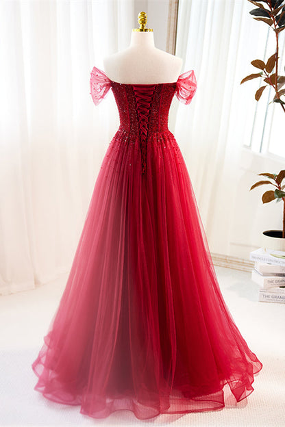 Red Off-Shoulder Beaded A-line Tulle Long Prom Dress