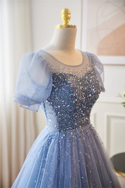 Blue Illusion Neck Puff Sleeves A-line Sequined Long Prom Dress