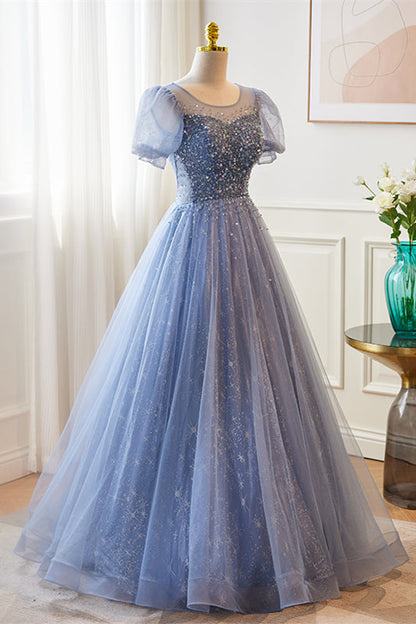 Blue Illusion Neck Puff Sleeves A-line Sequined Long Prom Dress