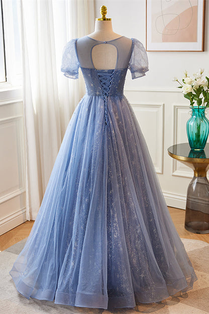 Blue Illusion Neck Puff Sleeves A-line Sequined Long Prom Dress