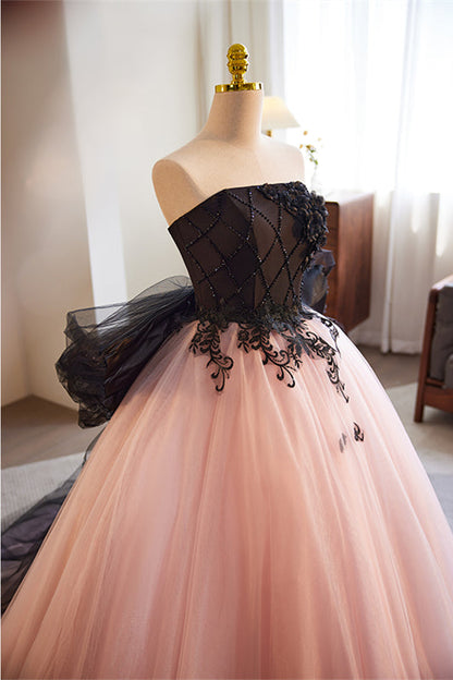 Pink A-line Strapless Black Top Floral Appliques Long Prom Dress